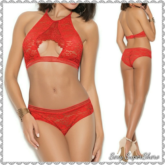 Sexy SuperShero Other - 💣 Lacey Halter Bralette & Panty Lingerie Set Red